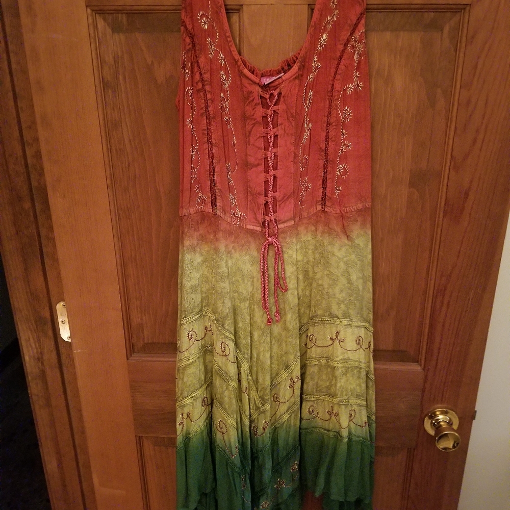 Bohemian Red and Green Embroidered Dress